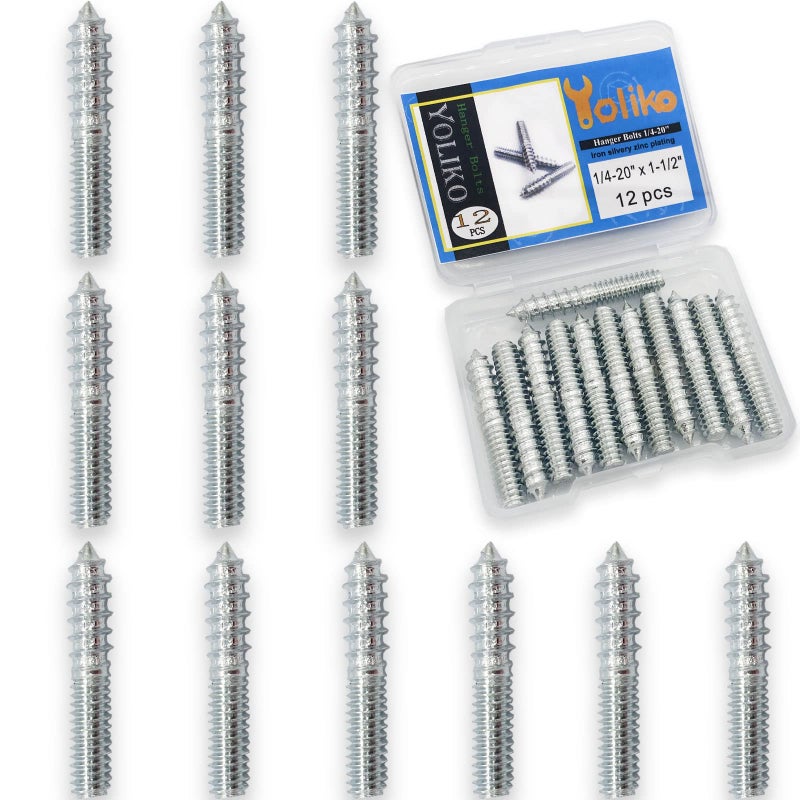 Yoliko 12 Pack 1/4-20 x 1-1/2 Inch Silver Hanger Bolts 1/4-20"" Double Headed Bolts 1/4 Wood Dowel Screw Self-Tapping Screw Hanger Bolts for Furniture Screws Double Screw Threaded Rods Bolt 37mm length - Image 2